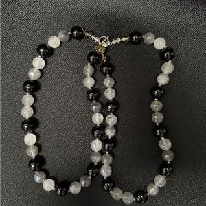 Beautiful Black & White Faux Marble Double Necklace, Silver Tone Accent Beads
